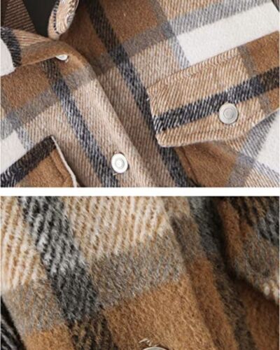 Women Brushed Flannel Plaid Lapel Button Down Shacket Jacket Coat