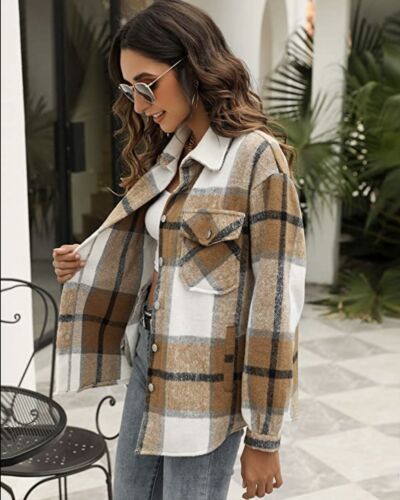Women Brushed Flannel Plaid Lapel Button Down Shacket Jacket Coat