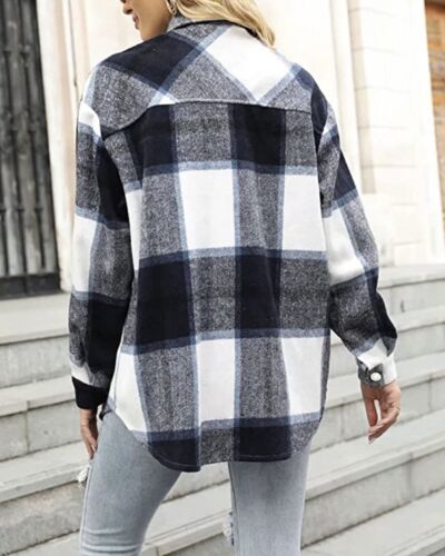 Women Brushed Flannel Plaid Lapel Button Down Shacket Jacket Coat