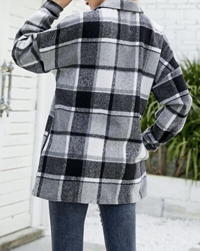 Women Brushed Flannel Plaid Lapel Button Down Shacket Jacket Coat