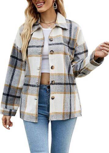 Women Brushed Flannel Plaid Lapel Button Down Shacket Jacket Coat