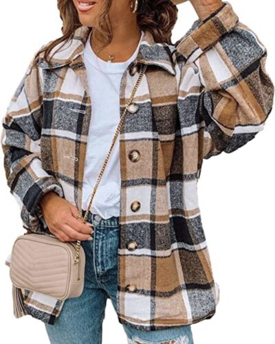 Women Brushed Flannel Plaid Lapel Button Down Shacket Jacket Coat