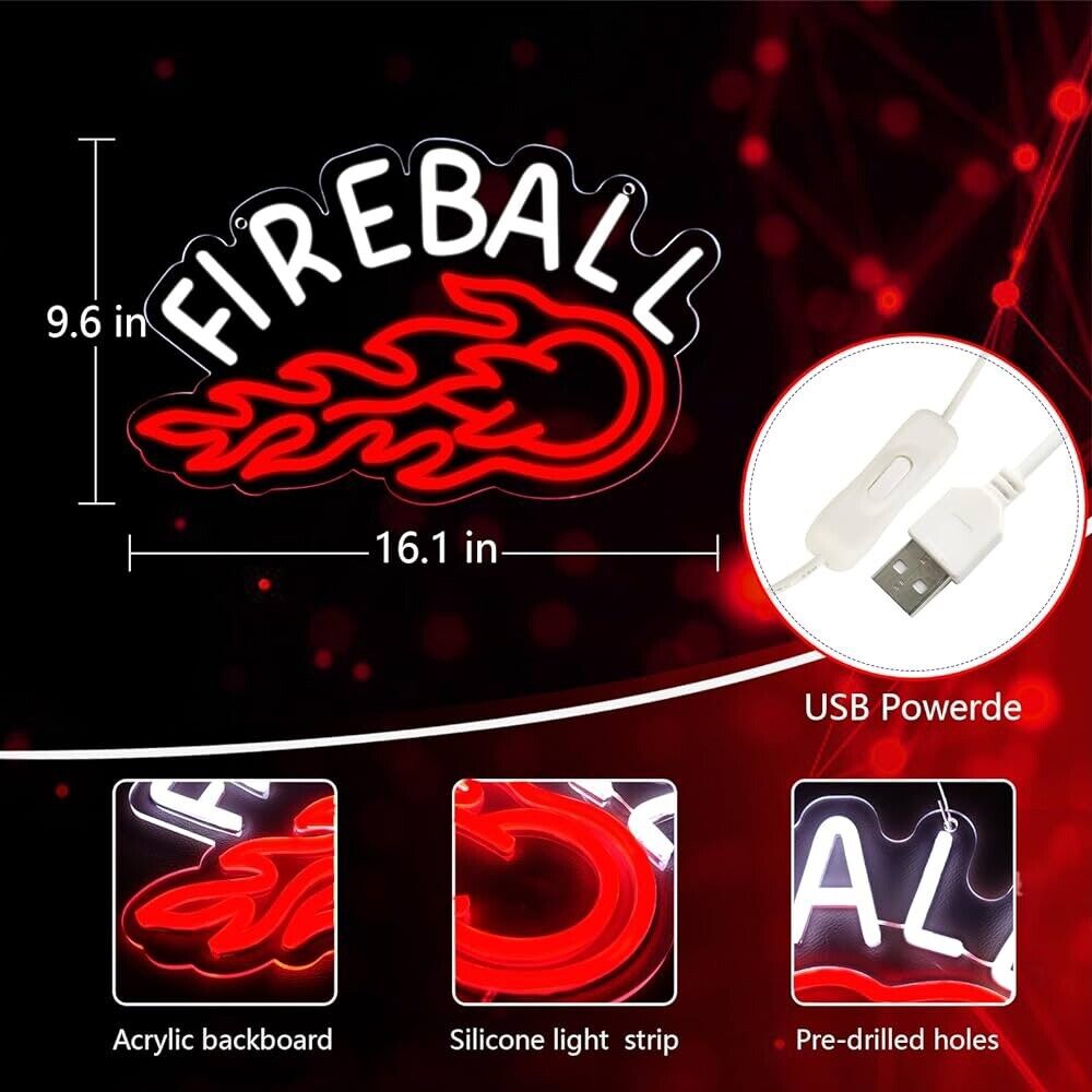 Fireball Whiskey LED Neon Sign For Man-cave, Bar, Garage 12"x 16" Inches USB