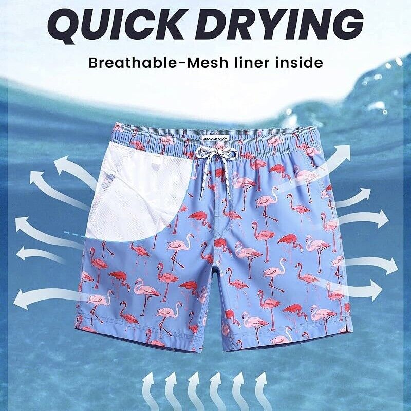 Men's 7 Inch Length Blue Pink Flamingos Quick Dry Swim Trunks