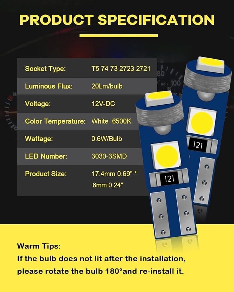 10Pcs White T5, 37, 74, 2721,PC74,PC37 LED Bulb, 3030 Chips Super Bright 12 Volt