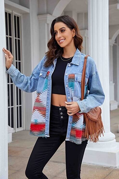 Womens Aztec Jacket Western Jacket Shacket Long Sleeve Button Down with Pockets