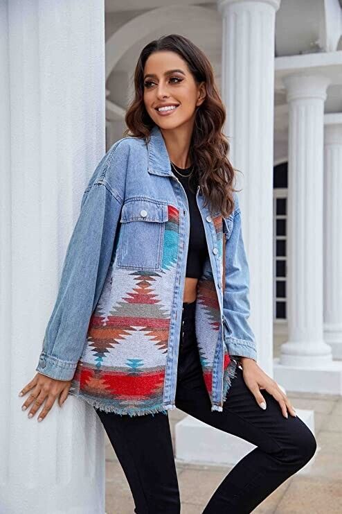 Womens Aztec Jacket Western Jacket Shacket Long Sleeve Button Down with Pockets