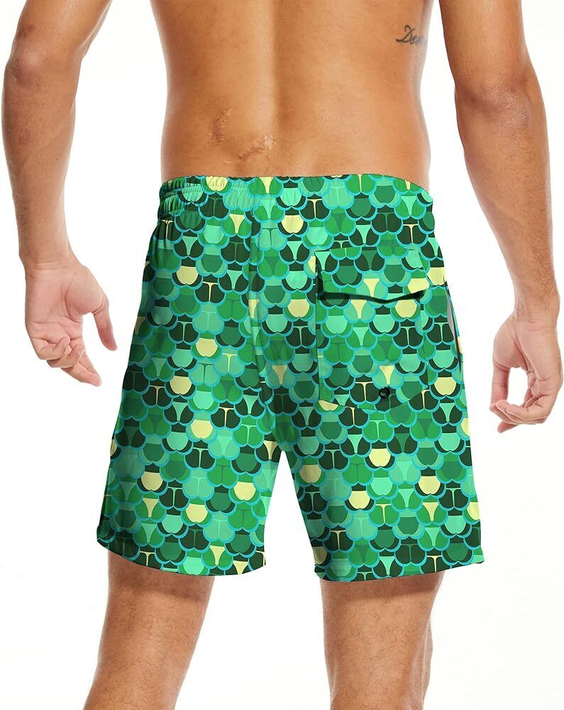 Men’s Swim Shorts Bikini Butts Print Shorts, Compression Liner 7" Quick Dry