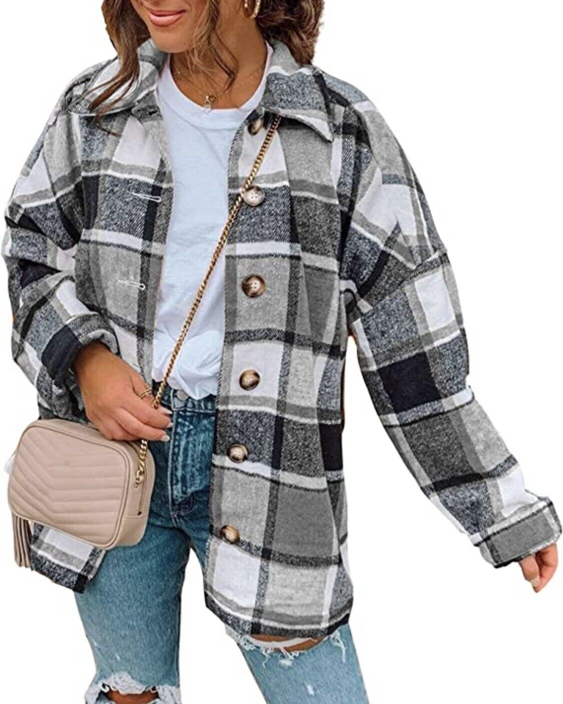 Women Brushed Flannel Plaid Lapel Button Down Shacket Jacket Coat