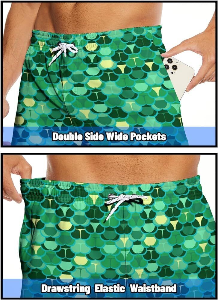 Men’s Swim Shorts Bikini Butts Print Shorts, Compression Liner 7" Quick Dry