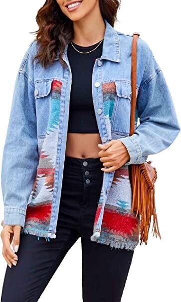 Womens Aztec Jacket Western Jacket Shacket Long Sleeve Button Down with Pockets