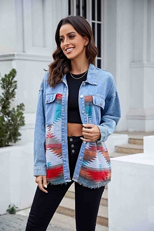 Womens Aztec Jacket Western Jacket Shacket Long Sleeve Button Down with Pockets