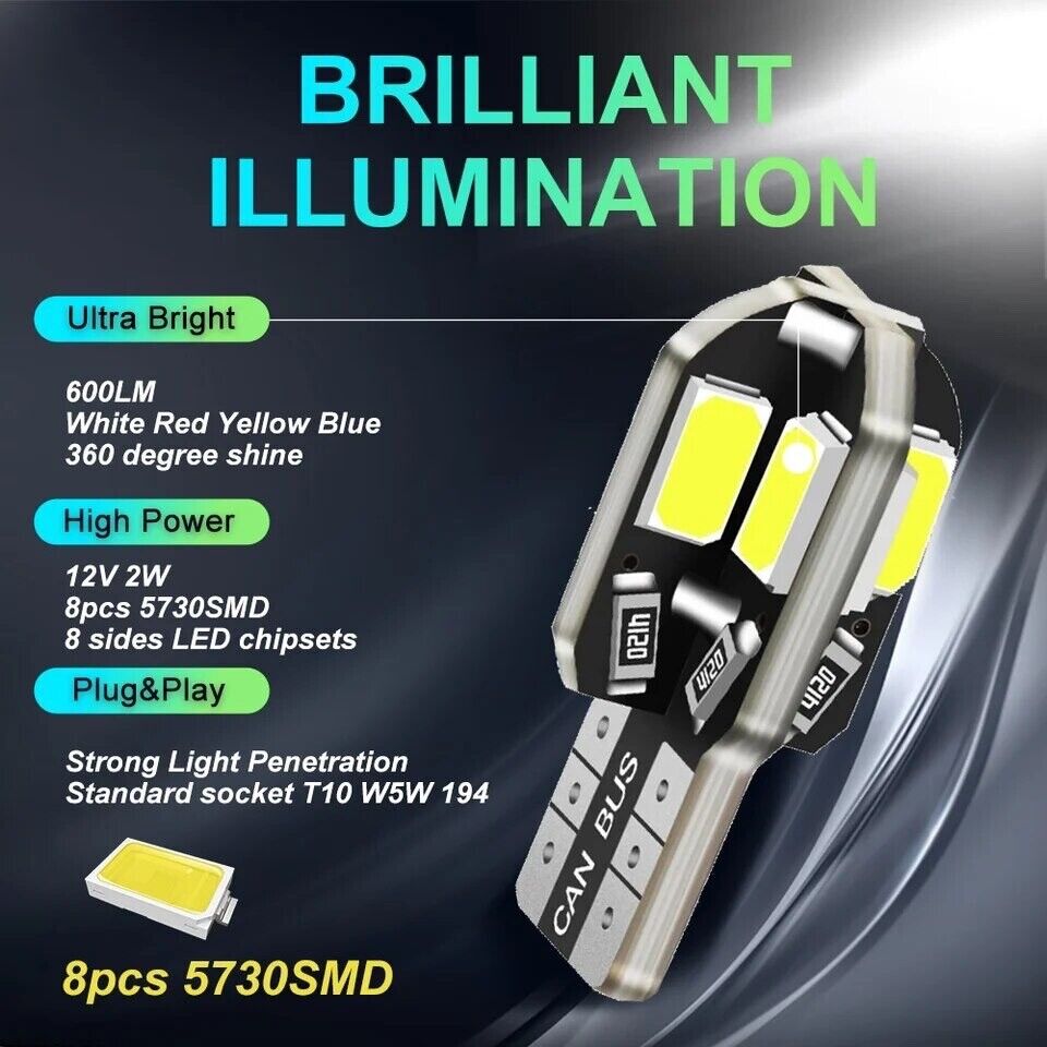 20 Pack Bright LED Bulb Size T10, 194, 168, W5W