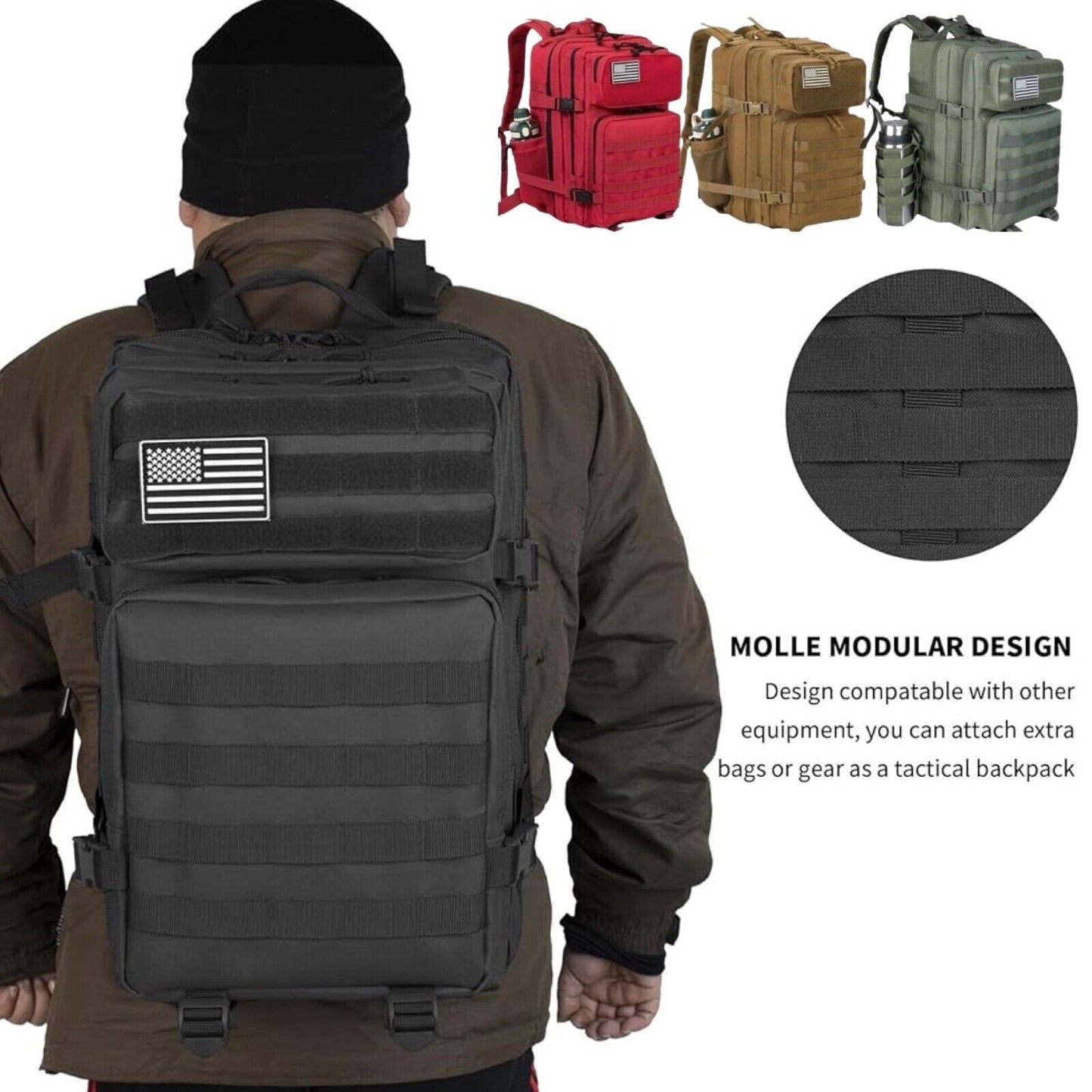45L Tactical Molle Daypack 3 Day Bug Out Bag Hiking Rucksack With Bottle Holder