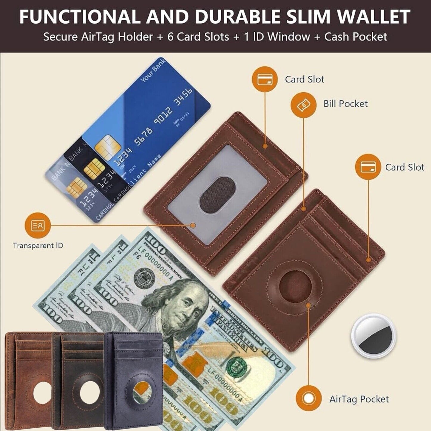 Slim Wallet for AirTag Genuine Leahter Front Pocket Minimalist Wallet