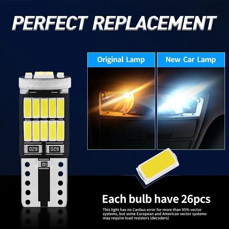 10 Pack Bright LED Bulb Size T10, 194, 168, W5W