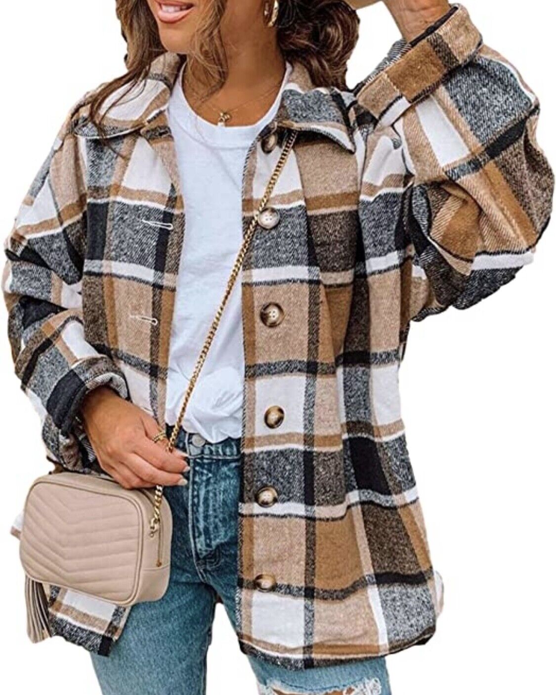 Women Brushed Flannel Plaid Lapel Button Down Shacket Jacket Coat
