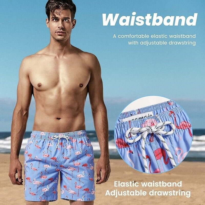 Men's 7 Inch Length Blue Pink Flamingos Quick Dry Swim Trunks