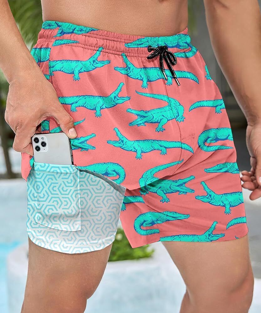 Men’s Swim Shorts Alligator Print Shorts, Compression Liner 7" Quick Dry
