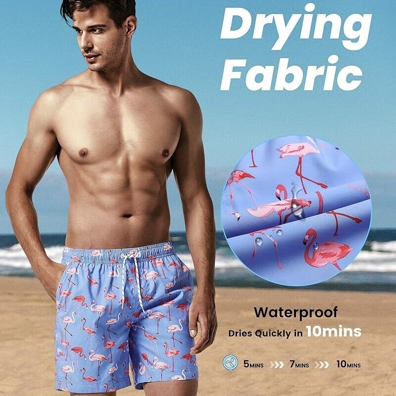 Men's 7 Inch Length Blue Pink Flamingos Quick Dry Swim Trunks
