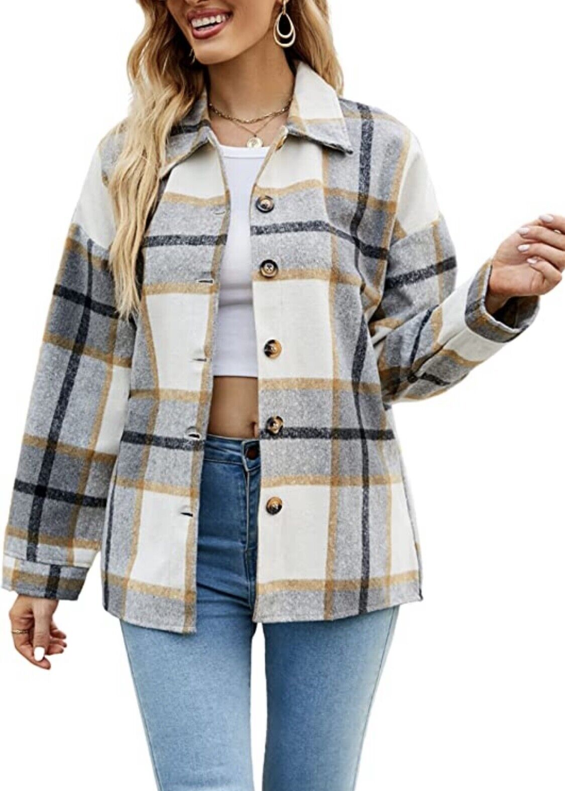 Women Brushed Flannel Plaid Lapel Button Down Shacket Jacket Coat