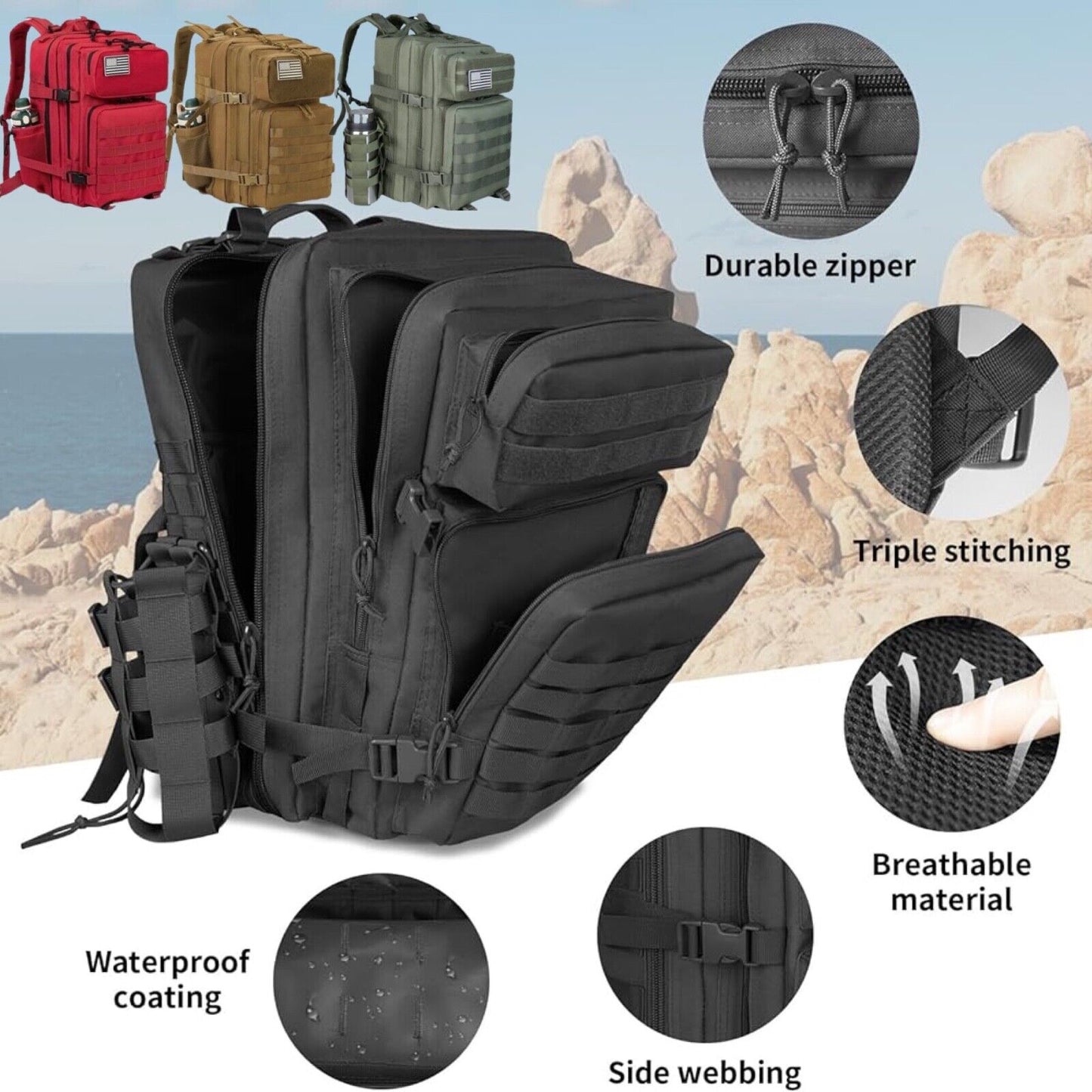 45L Tactical Molle Daypack 3 Day Bug Out Bag Hiking Rucksack With Bottle Holder