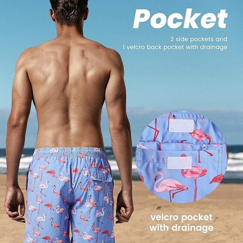 Men's 7 Inch Length Blue Pink Flamingos Quick Dry Swim Trunks