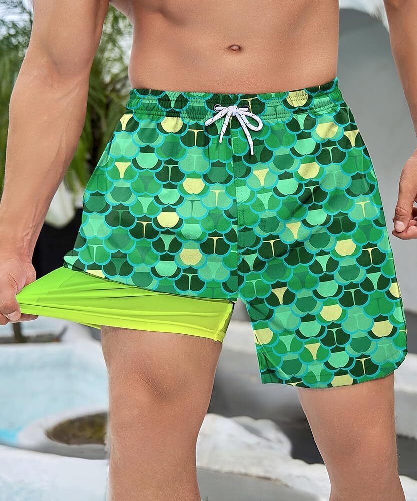 Men’s Swim Shorts Bikini Butts Print Shorts, Compression Liner 7" Quick Dry