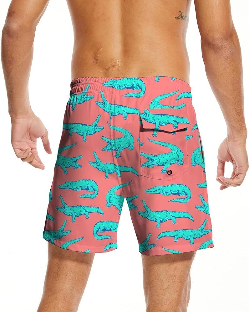 Men’s Swim Shorts Alligator Print Shorts, Compression Liner 7" Quick Dry