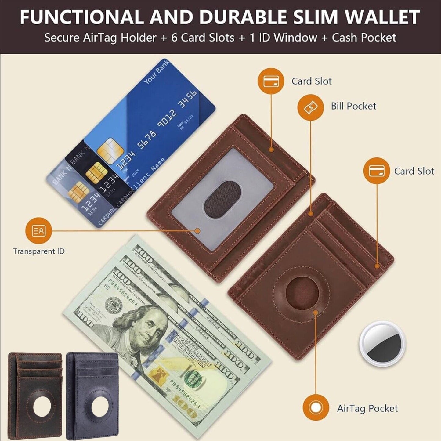 Slim Wallet for AirTag Genuine Leahter Front Pocket Minimalist Wallet