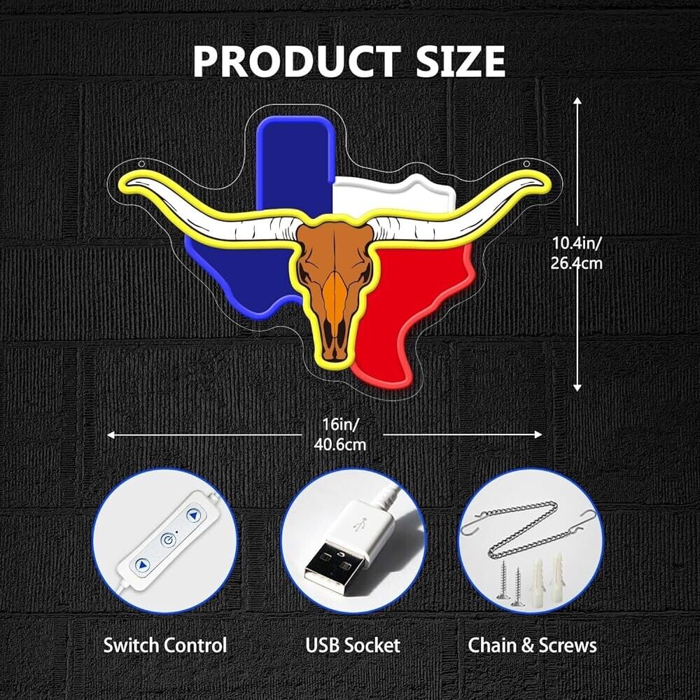 Texas Longhorn Neon Sign LED For Bar, Garage , Man-cave 10.4” x 16” Inch