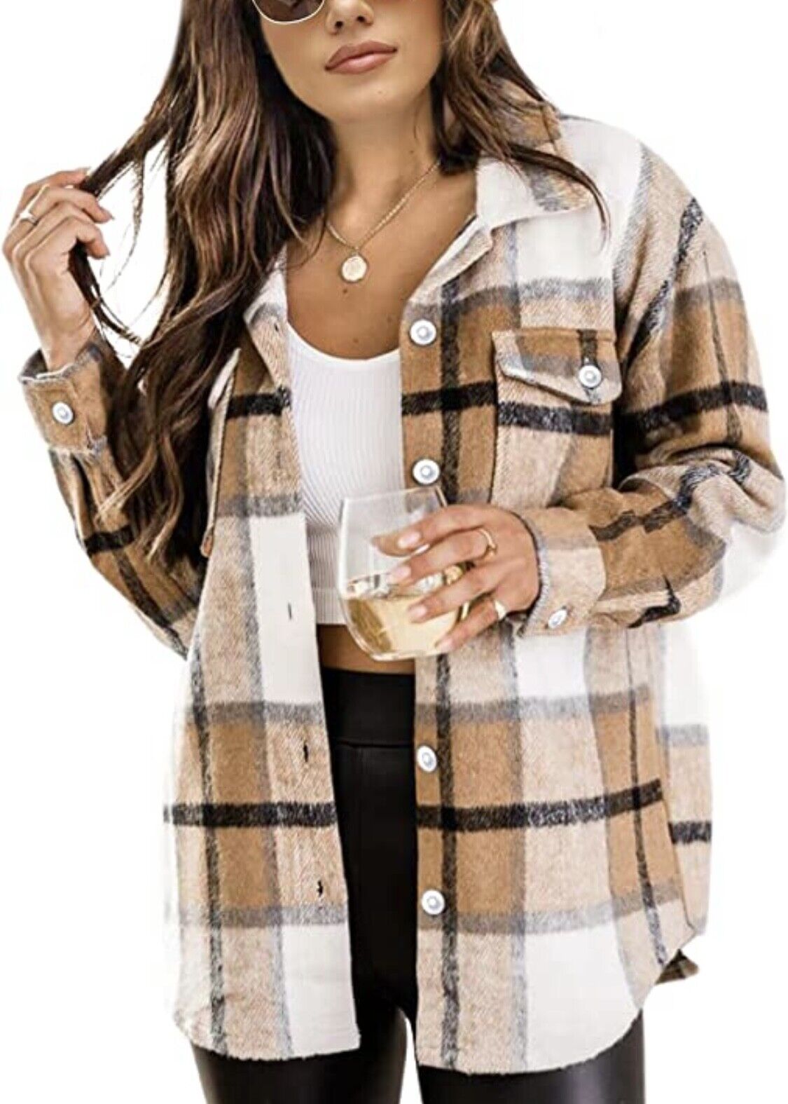 Women Brushed Flannel Plaid Lapel Button Down Shacket Jacket Coat