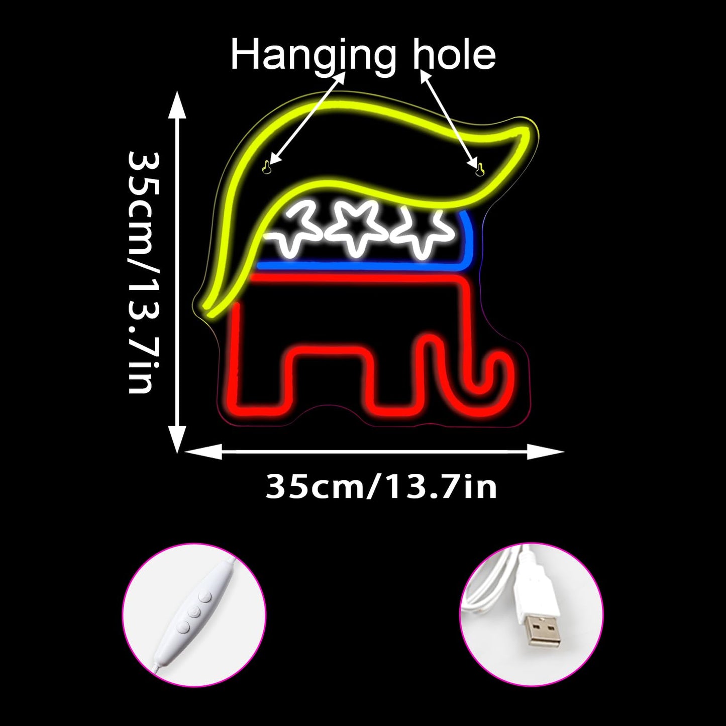 Republican Trump Party Neon LED Hanging Sign, Dimmable, USB, 14 x 14 inches