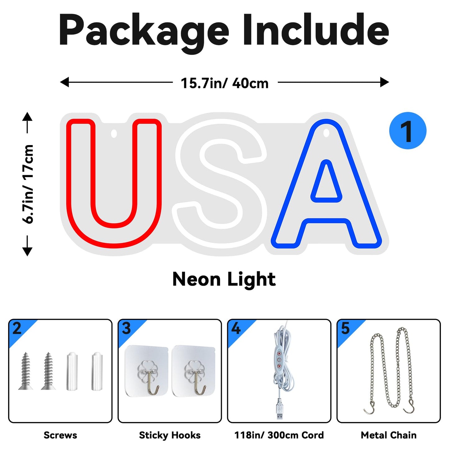 USA Neon LED Sign, Dimmable, USB, 15.7"×6.7" inches