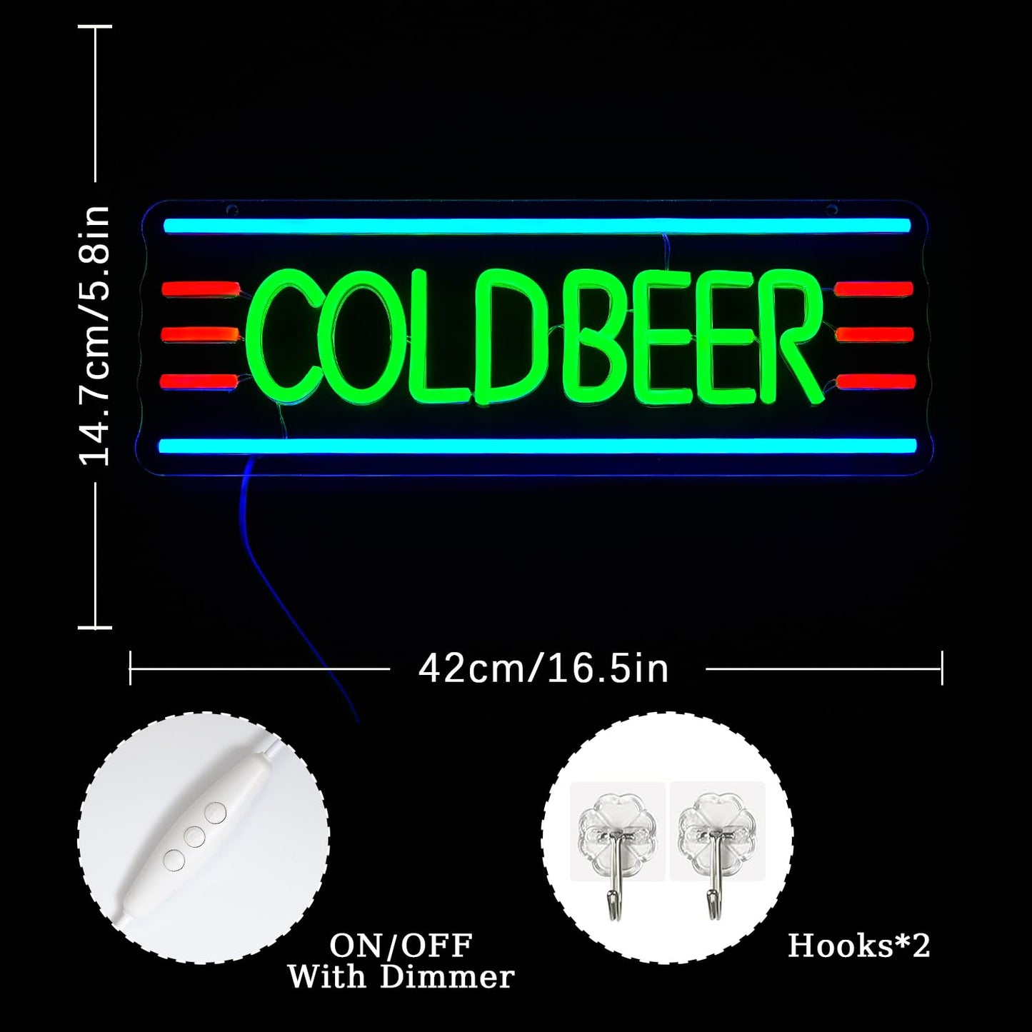 Cold Beer Neon LED Sign, Dimmable, 16.5” x 5.8” inch
