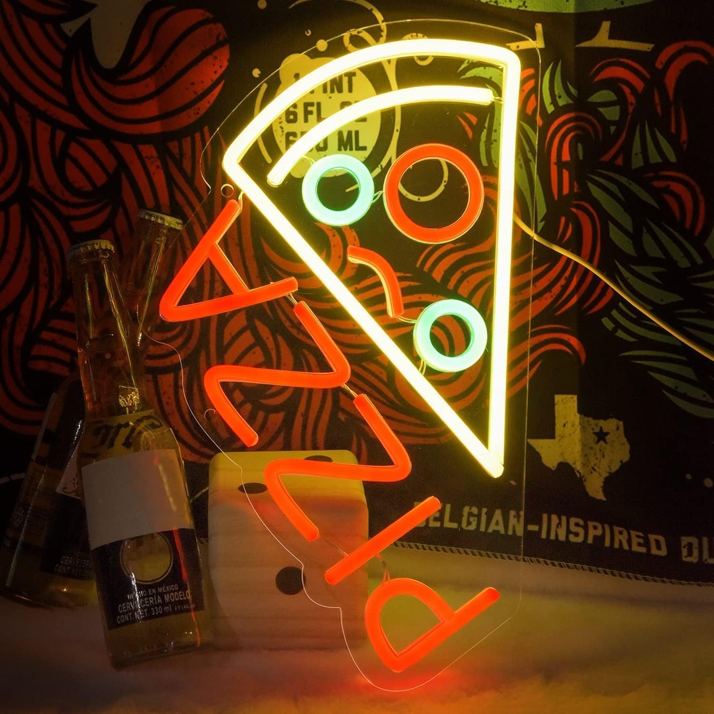 Pizza Neon LED Hanging Sign, Dimmable, USB, for Restaurants, 15x8 inches