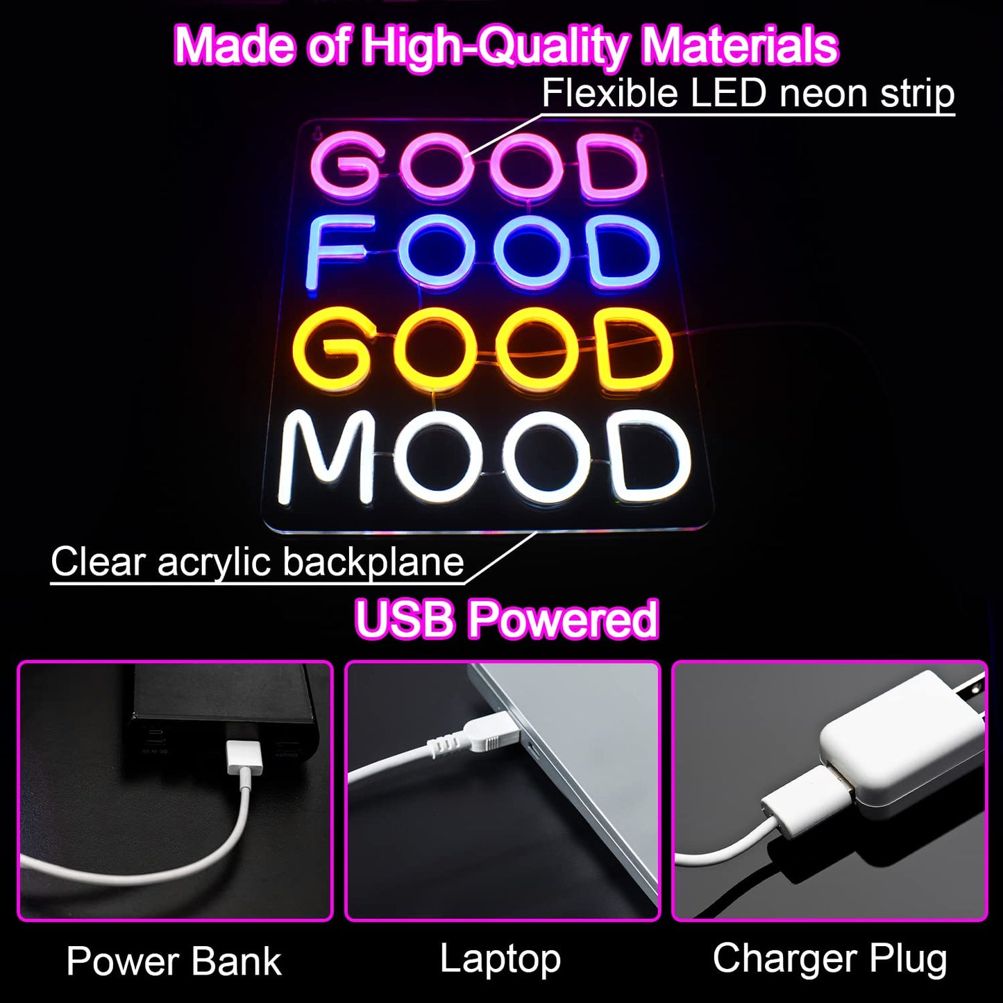 Good Food,Good Mood, Neon LED Hanging Sign, USB,14x12 inches