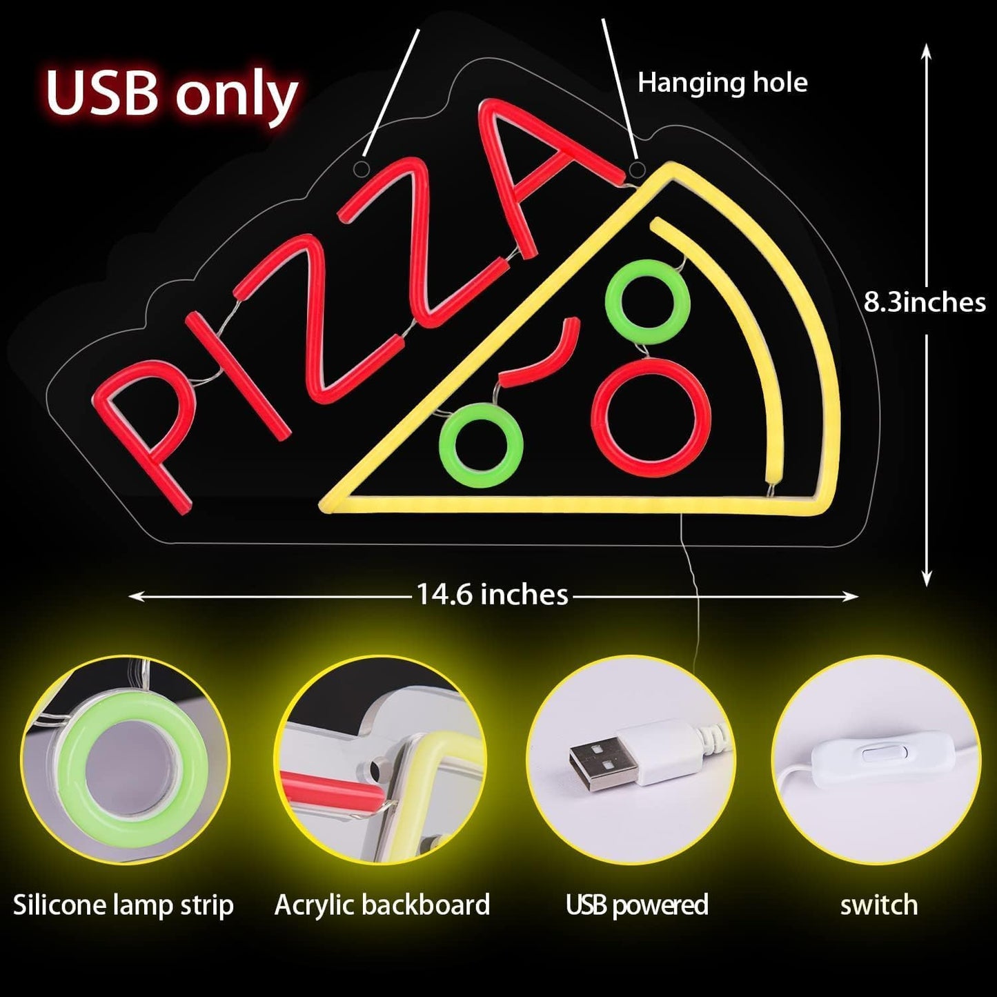Pizza Neon LED Hanging Sign, Dimmable, USB, for Restaurants, 15x8 inches