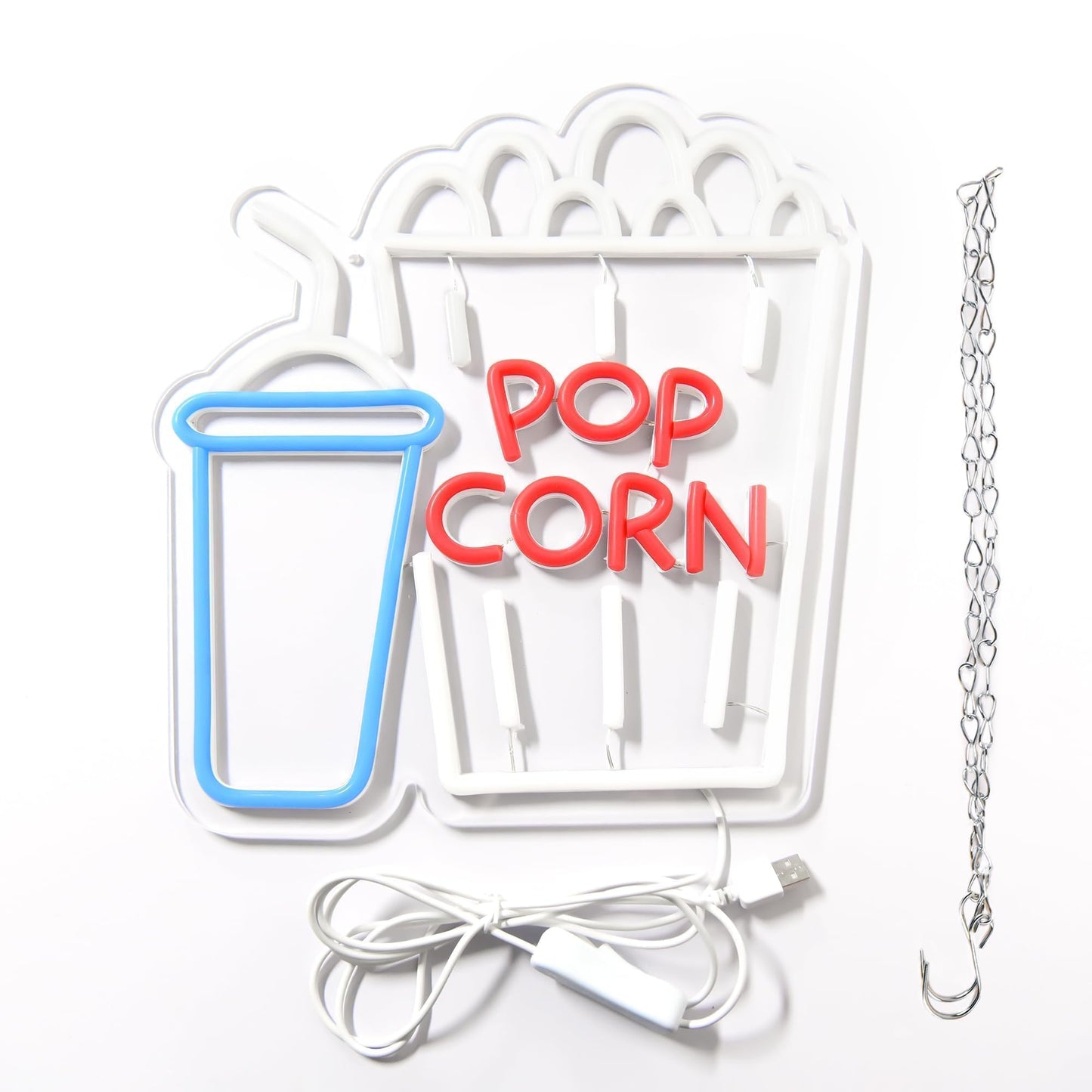 Popcorn Neon LED Hanging Sign, USB, for Restaurants, for Restaurant, 13x12 inches