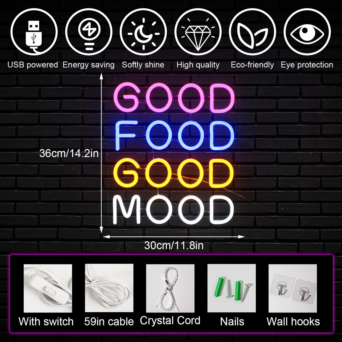 Good Food,Good Mood, Neon LED Hanging Sign, USB,14x12 inches