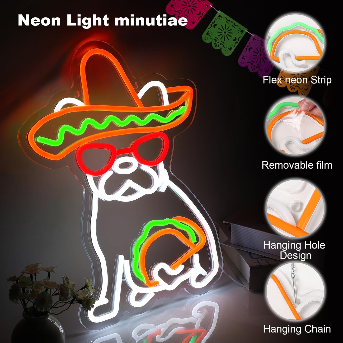 Tacos Dog Neon LED Hanging Sign, USB, for Restaurants, 16”x12”