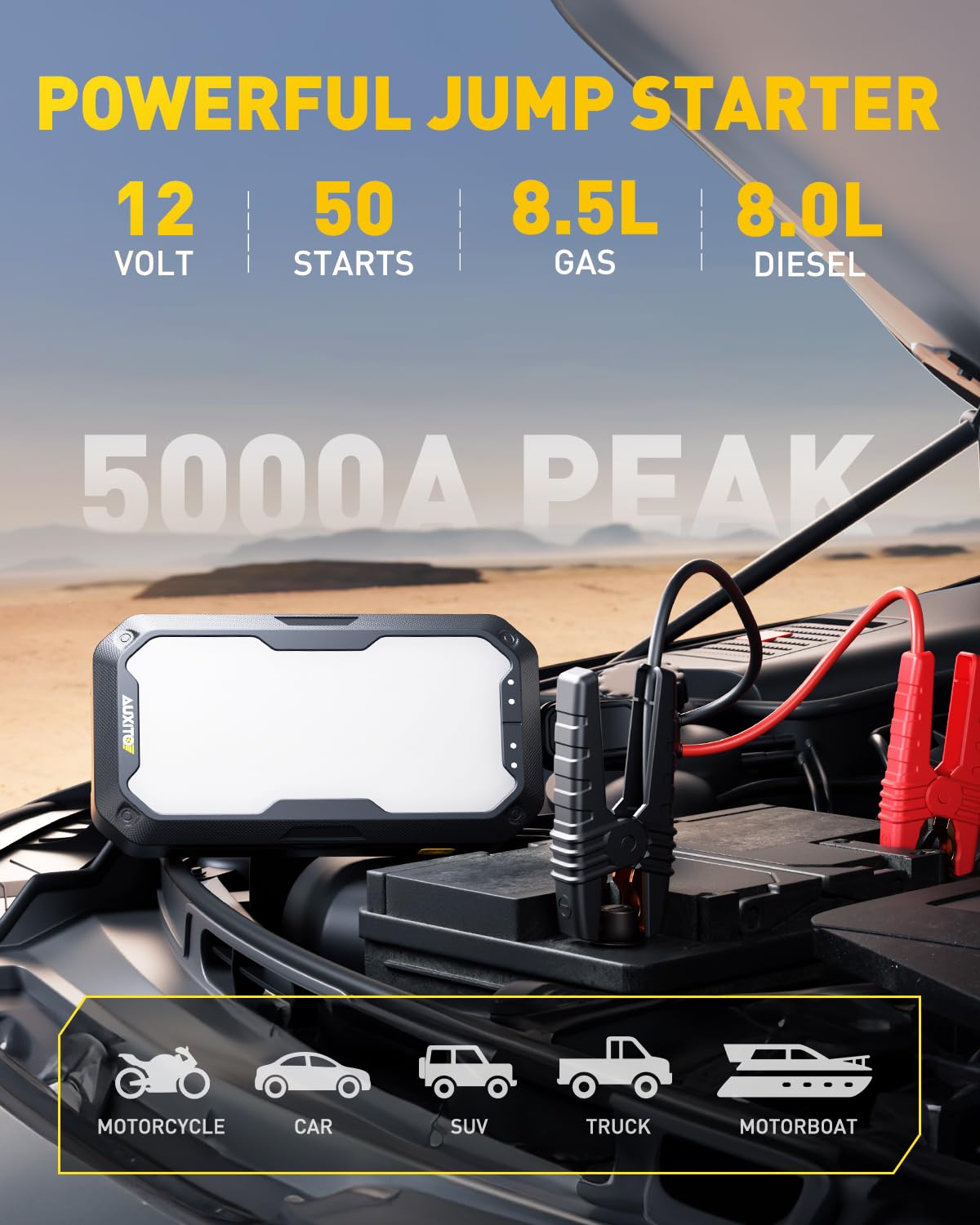 5000A Portable Jump Starter, 2000LM LED, 12V, Power Bank and Jumper Cable