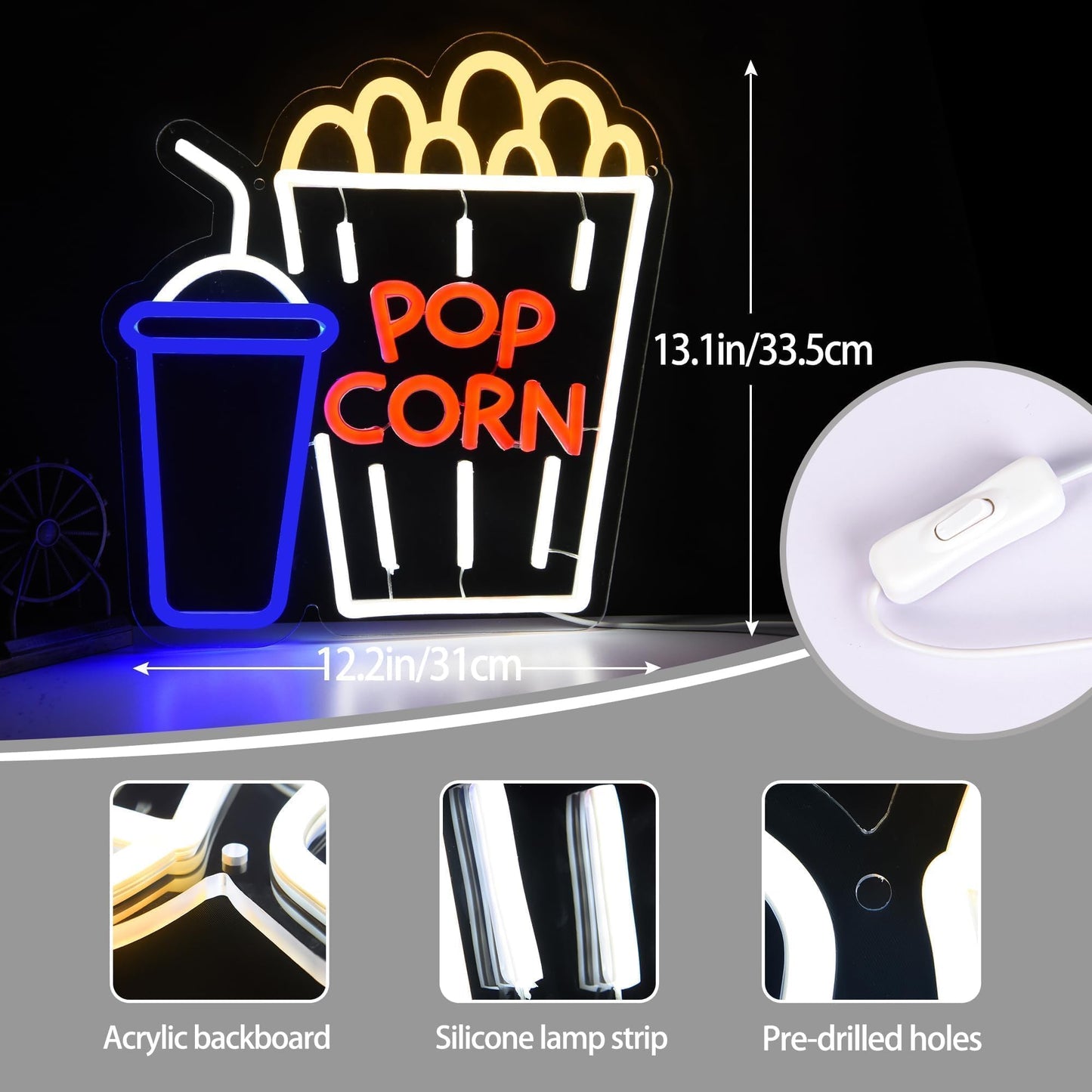 Popcorn Neon LED Hanging Sign, USB, for Restaurants, for Restaurant, 13x12 inches