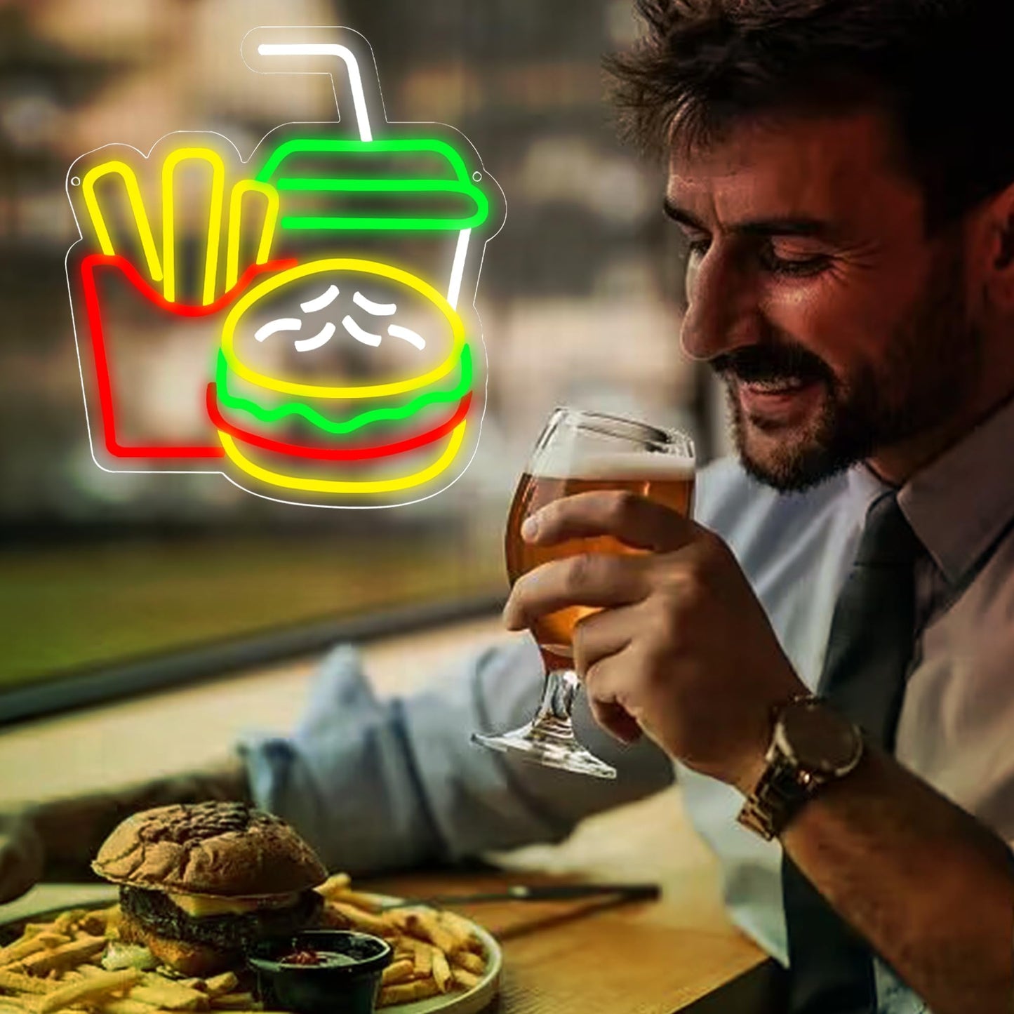Burger Neon LED Hanging Sign, USB, for Restaurants, 14 x 13 inches