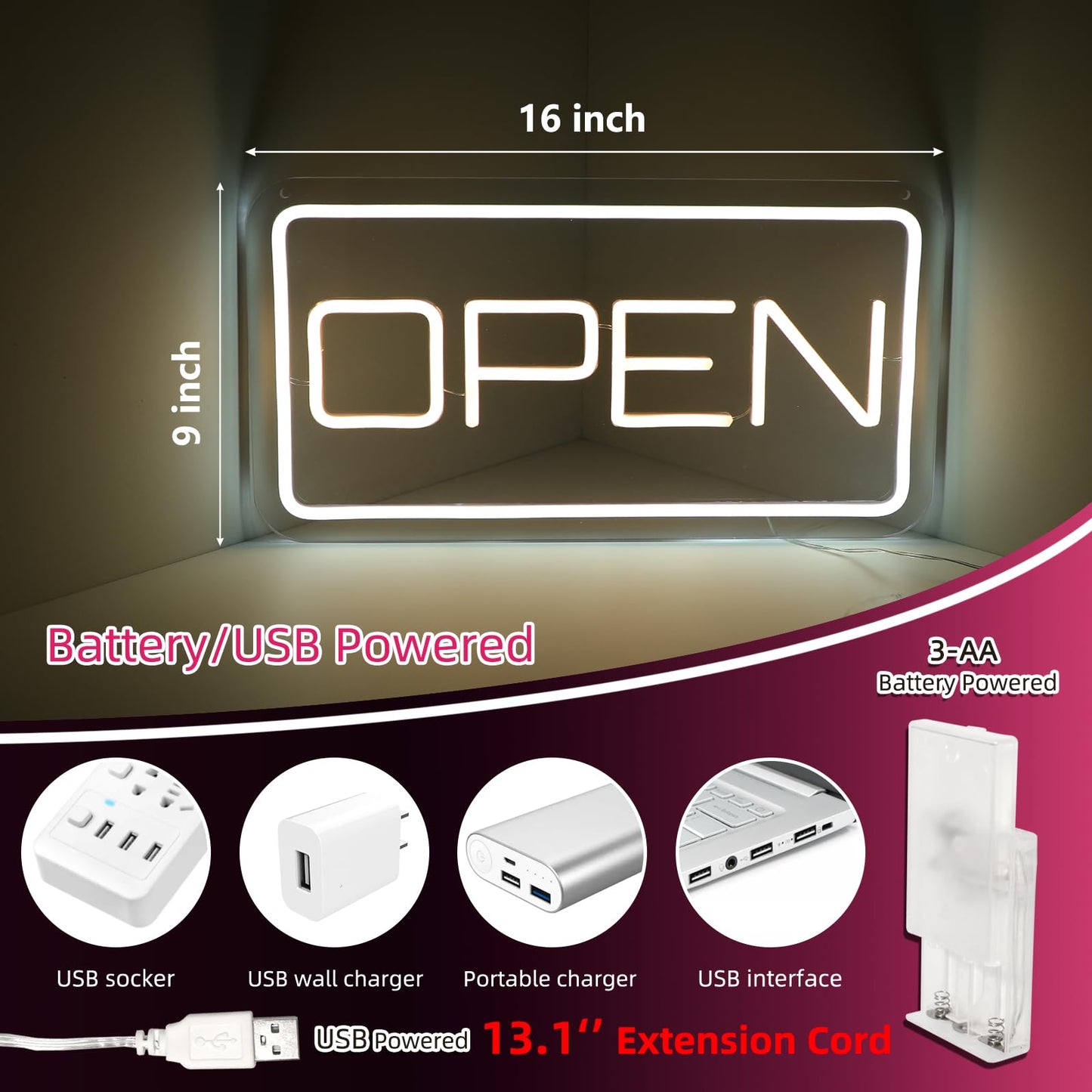 Open LED Neon Sign White for Business - USB Powered, 16 x 9 inch