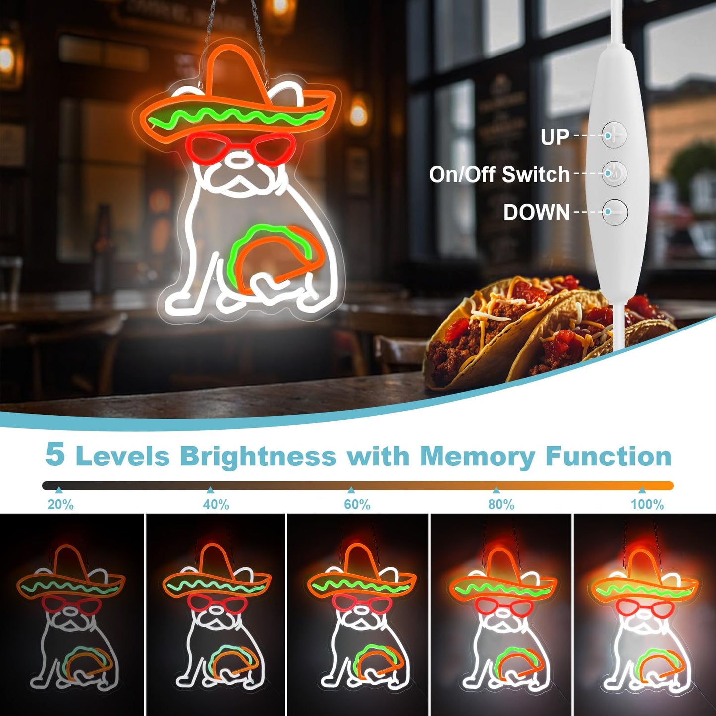 Tacos Dog Neon LED Hanging Sign, USB, for Restaurants, 16”x12”