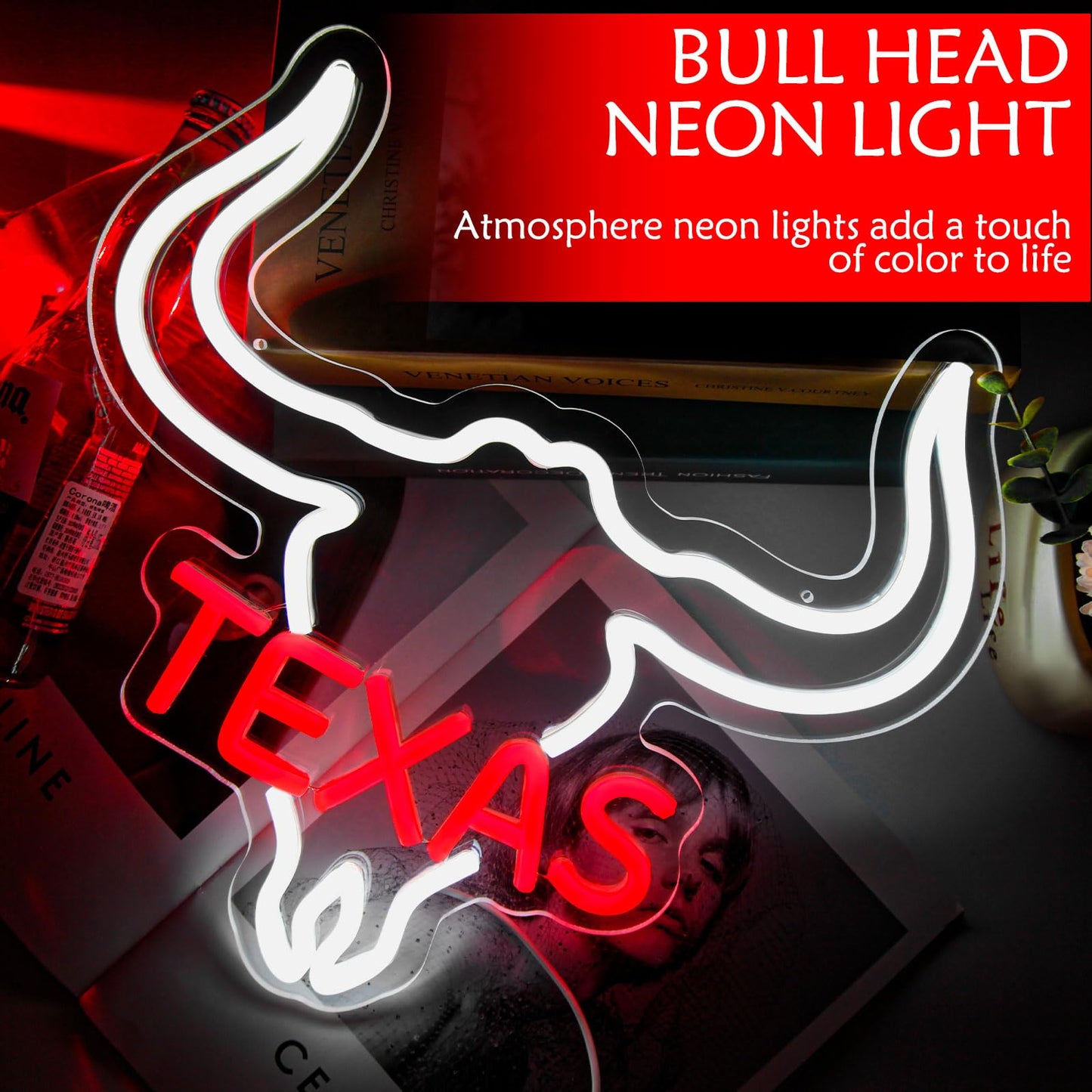 Texas Bull Neon LED Sign, USB Powered, 13x13 inches