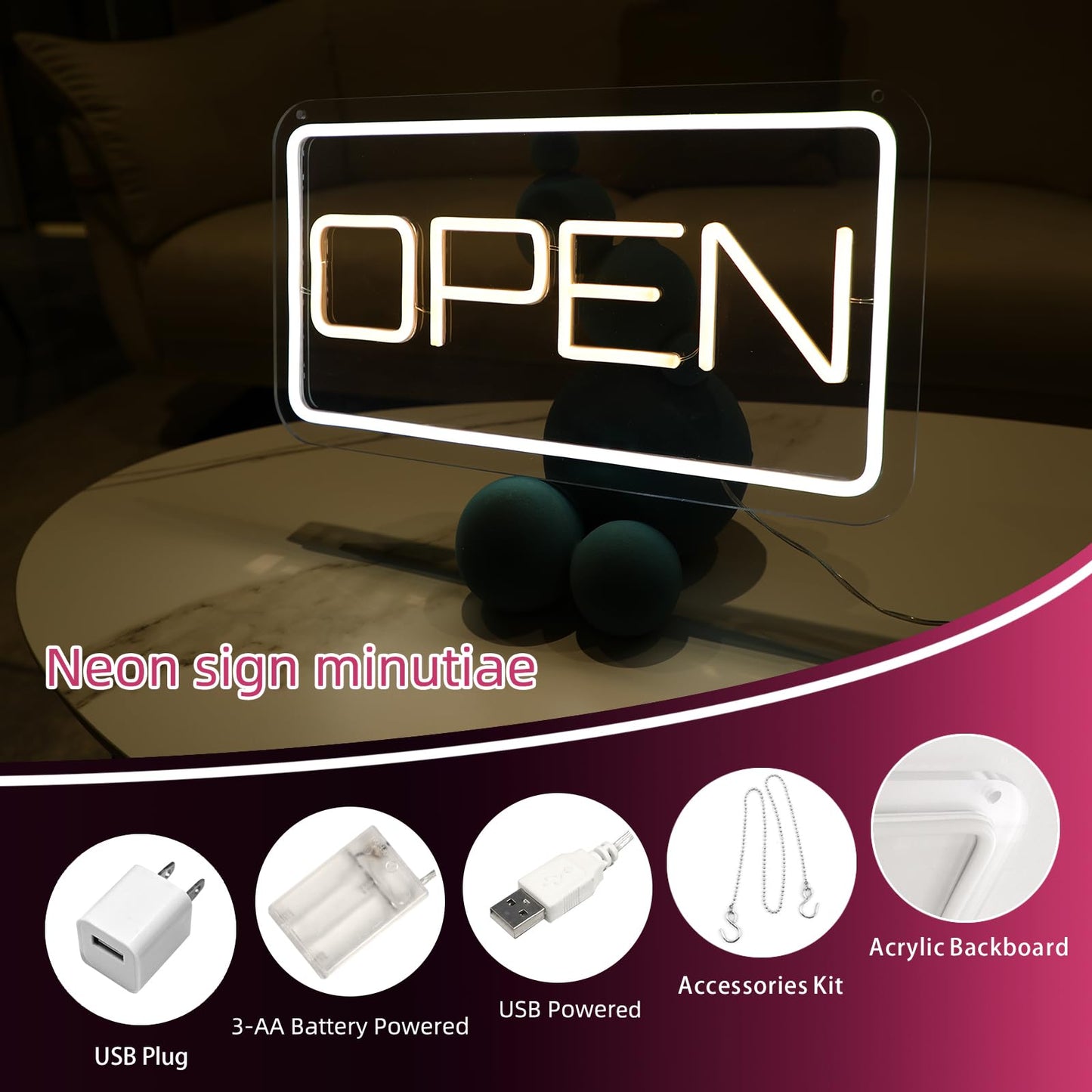 Open LED Neon Sign White for Business - USB Powered, 16 x 9 inch