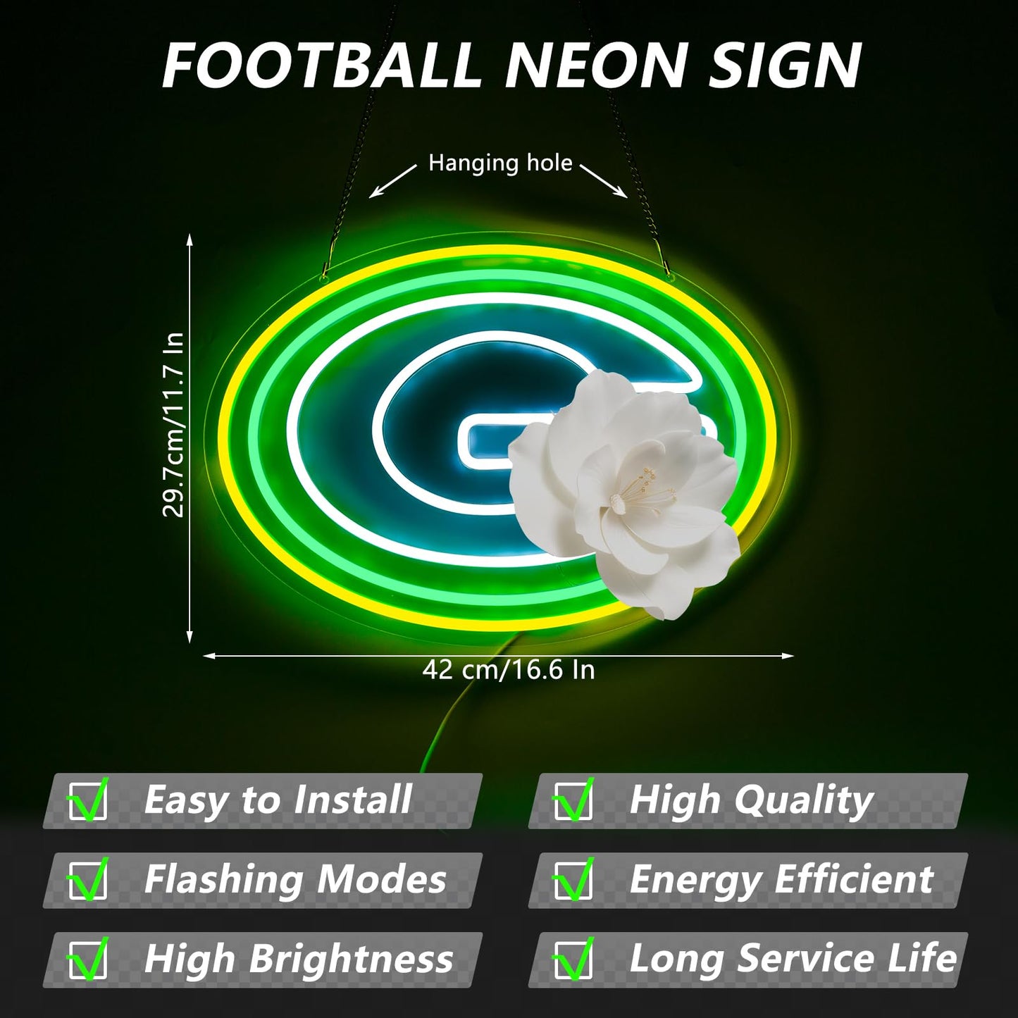Green Football LED Neon Dimming Sign For Bar, Garage, Mancave (16.6 x 11.7 inch)