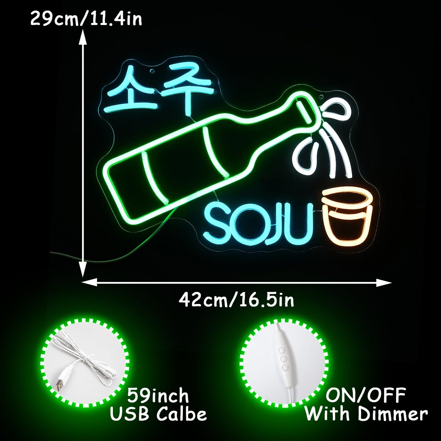Soju Neon LED Sign, Dimming, USB, Wall or Hang Mount (16.5'' X 11.4'' inch)